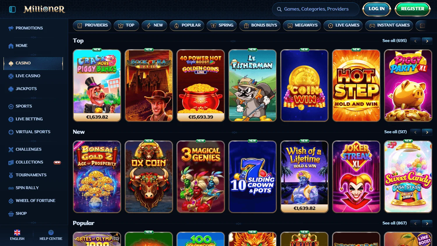Millioner Casino games area on a desktop screen