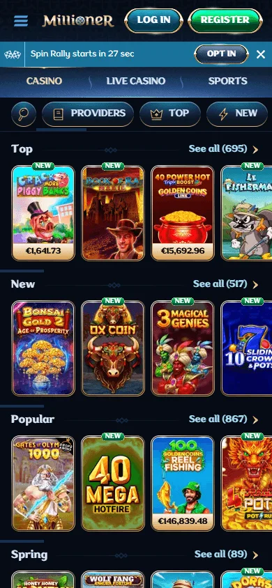 Millioner Casino games area on a mobile phone