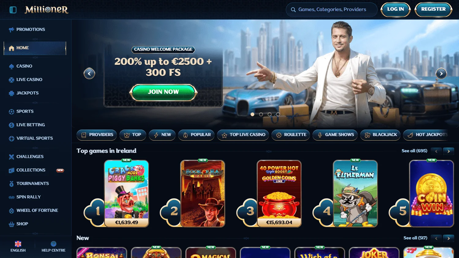 Millioner Casino home page on a desktop screen
