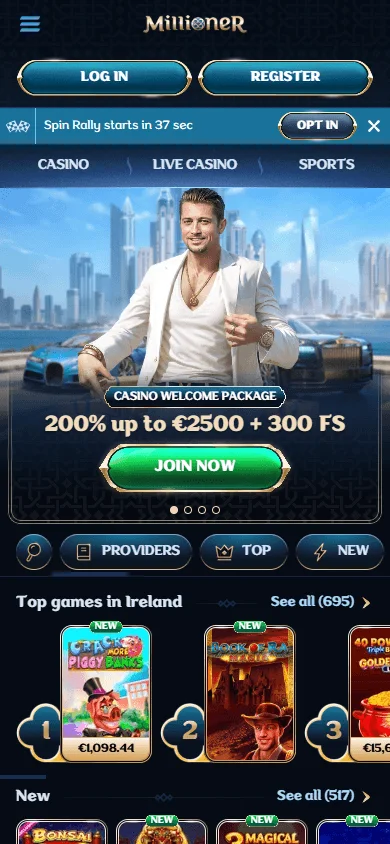 Millioner Casino home page on an iOS or Android phone