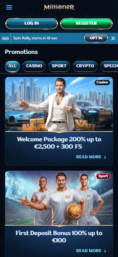 Millioner Casino promotions area on a mobile phone