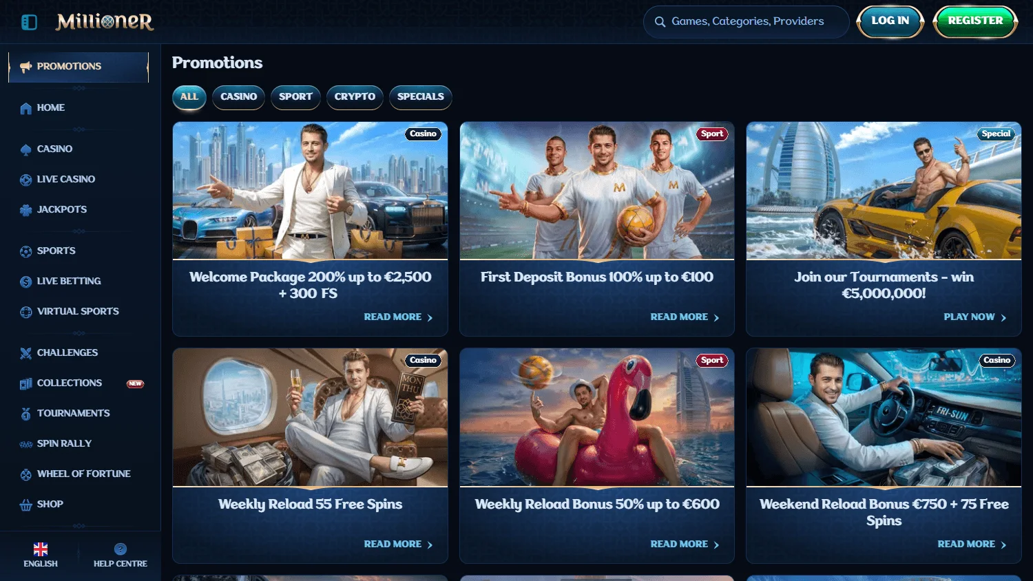 Millioner Casino promotions area on a desktop screen